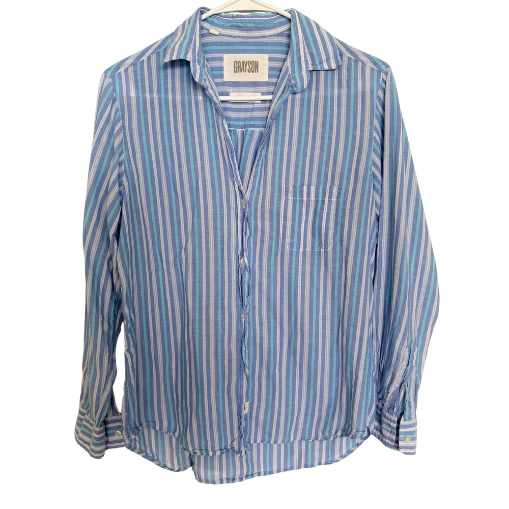 Grayson The Hero Striped Cotton Button Up Shirt Blue Teal White Womens Size 02‎